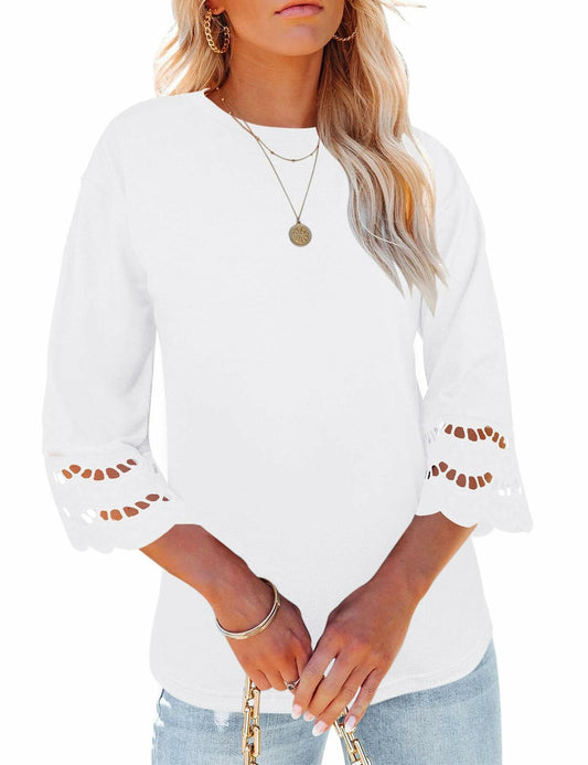 Yuccalley Women's Summer 3/4 Lace Sleeve Loose Fit Tee Khaki Size M