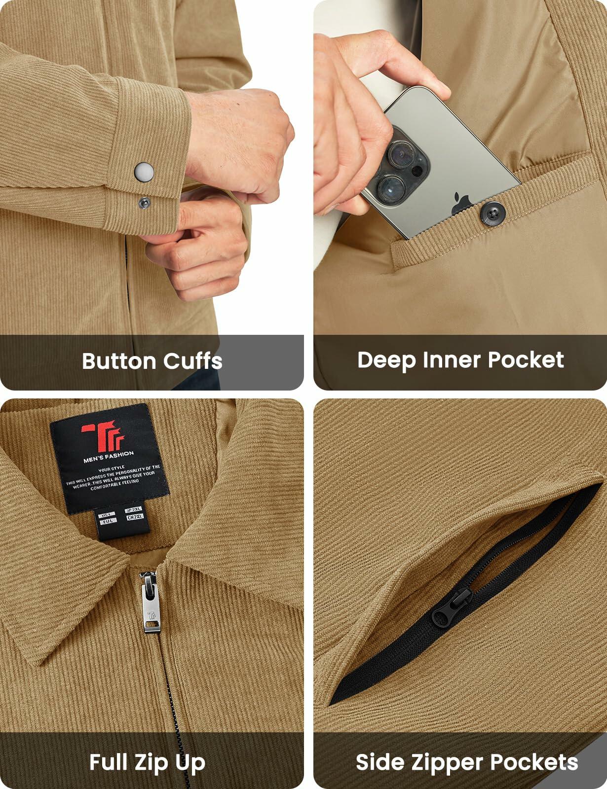 Rdruko Men's Corduroy Zip-Front Bomber Jacket Light Grey Size L