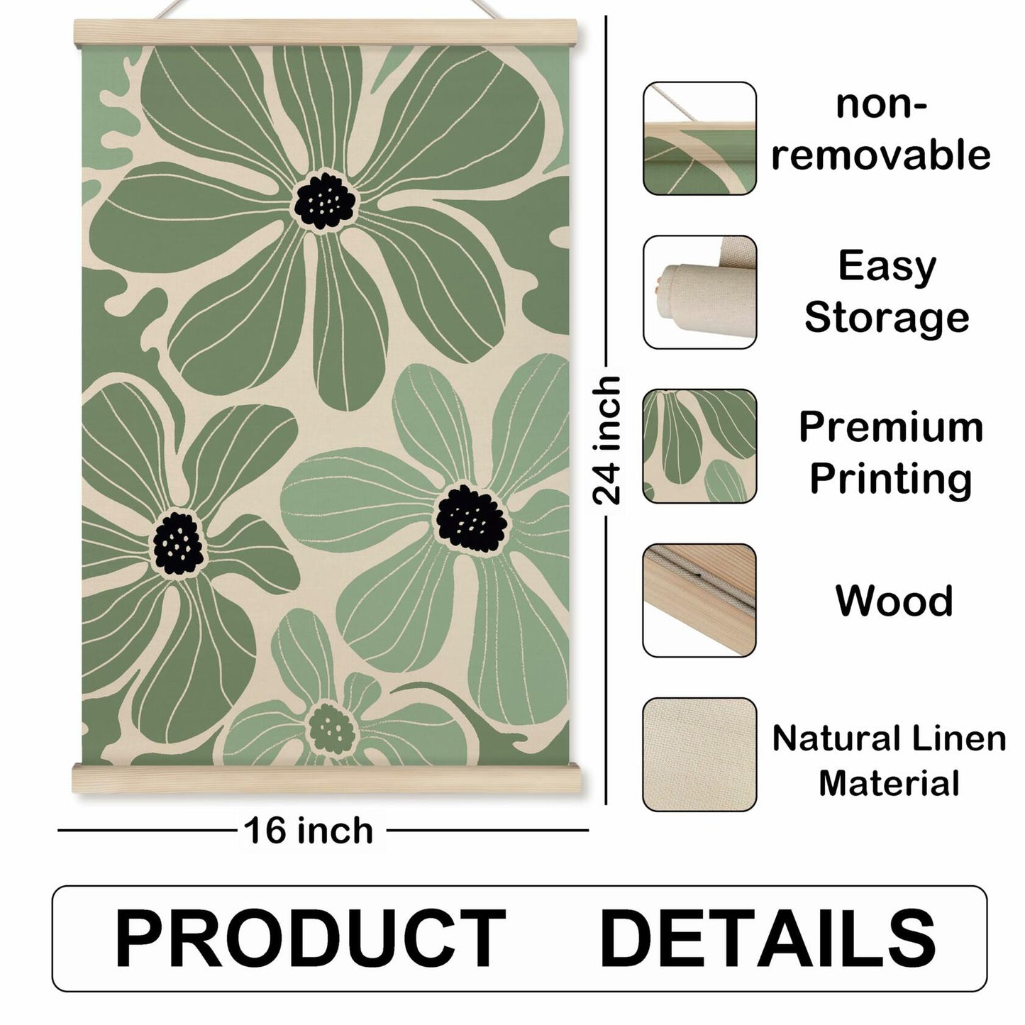 HRQKO Boho Black Flowers Wall Art Set of 2 Wooden Frames 16x24 Inch