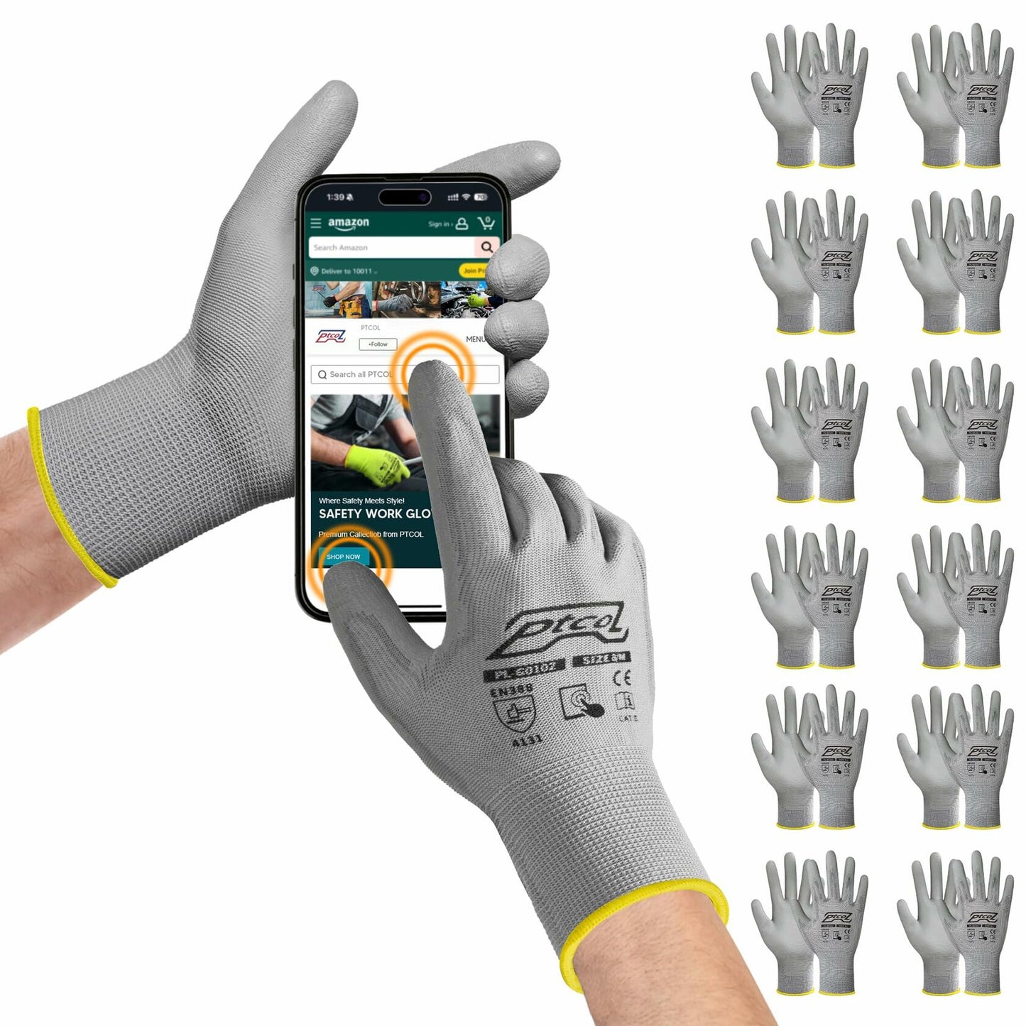 PTCOL PU Coated Work Gloves 12 Pairs Black Polypropylene Size XL