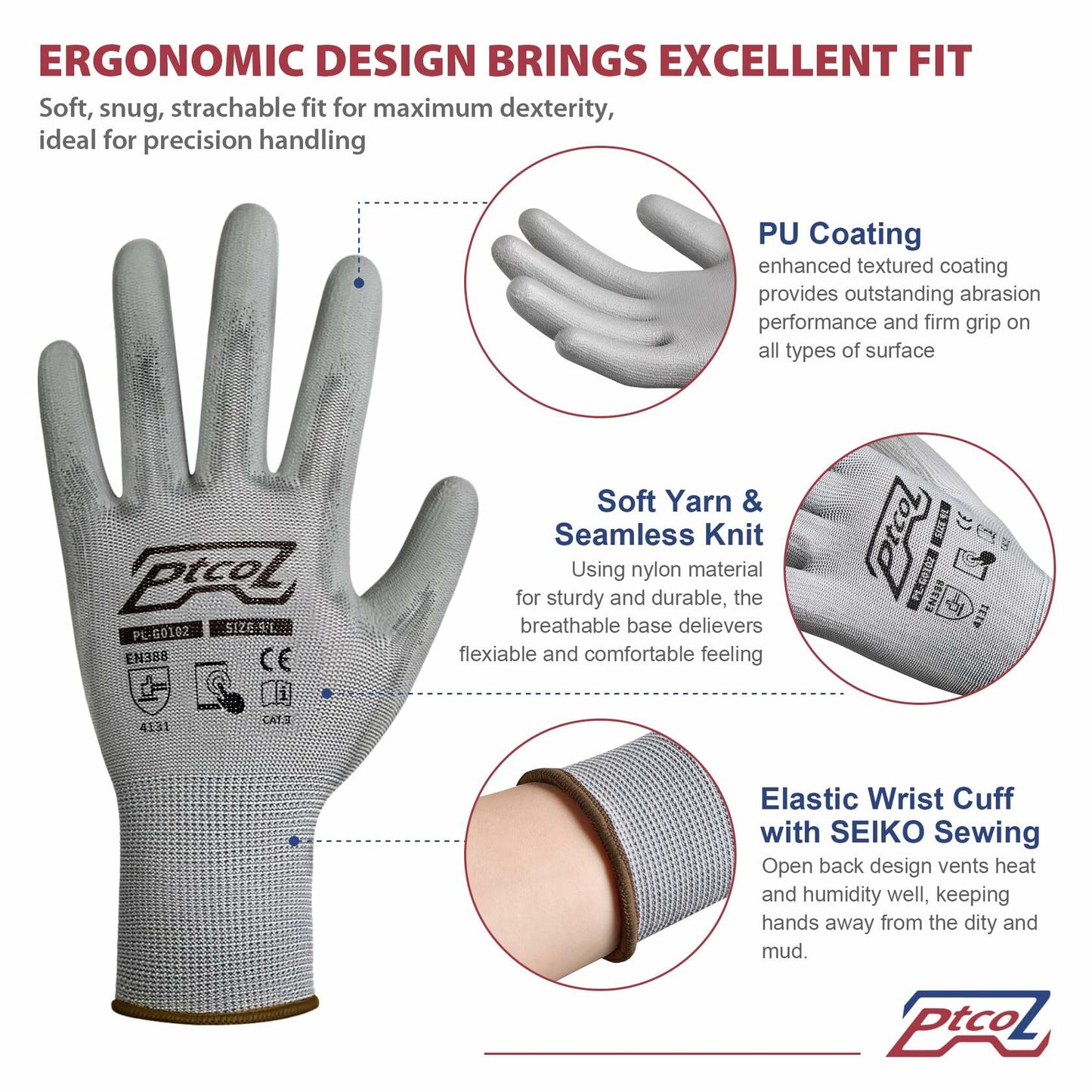PTCOL PU Coated Work Gloves 12 Pairs Black Polypropylene Size XL