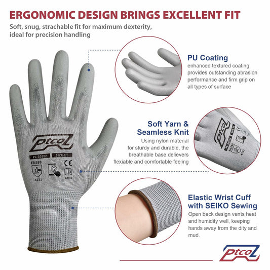 PTCOL PU Coated Work Gloves 12 Pairs Black Polypropylene Size XL