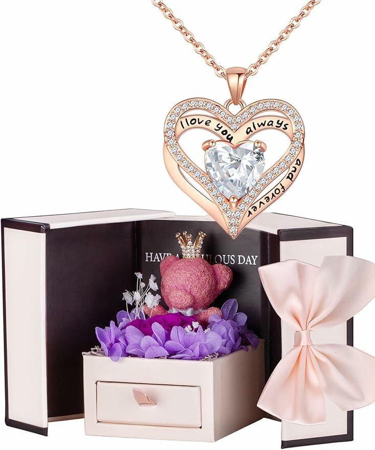 Generic Preserved Rose Gift Box with Pink Moss Bear & Necklace Gift