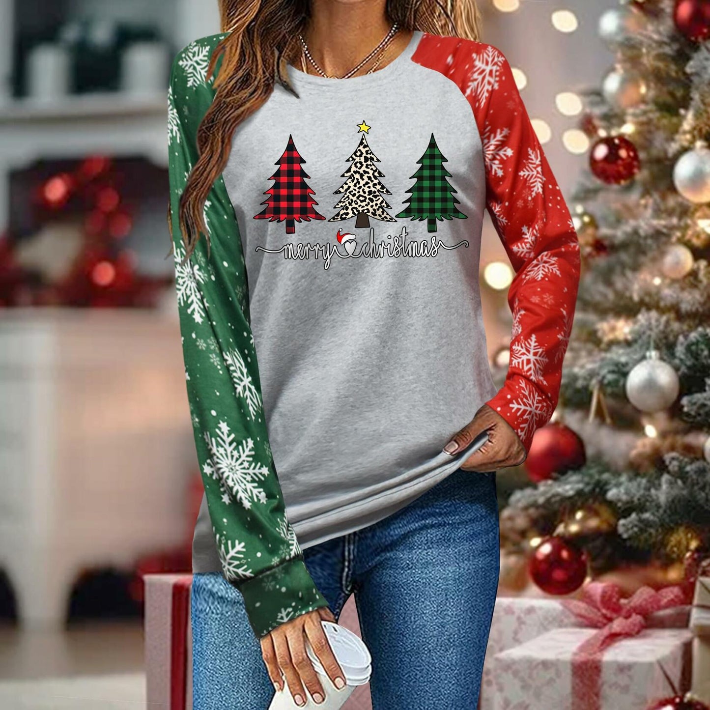 ADIAOA Women's Christmas Color-Block Botany Cartoon Shirt GreenTree Size M