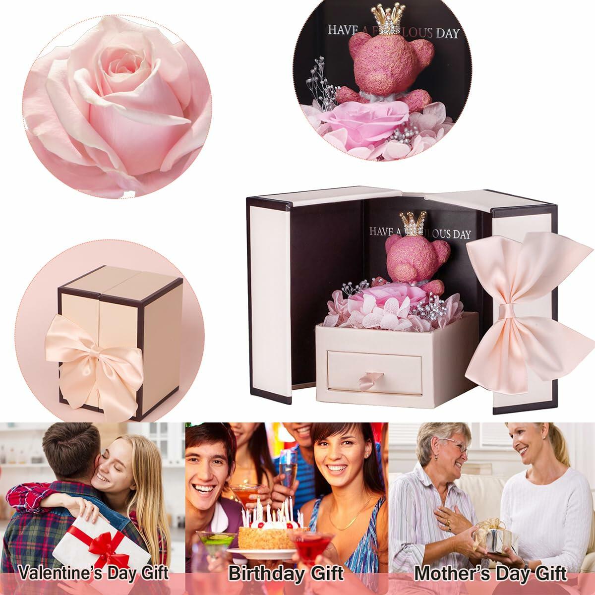 Generic Preserved Rose Gift Box with Pink Moss Bear & Necklace Gift