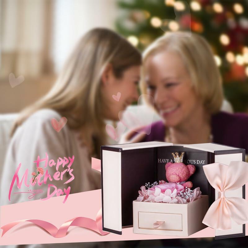Generic Preserved Rose Gift Box with Pink Moss Bear & Necklace Gift
