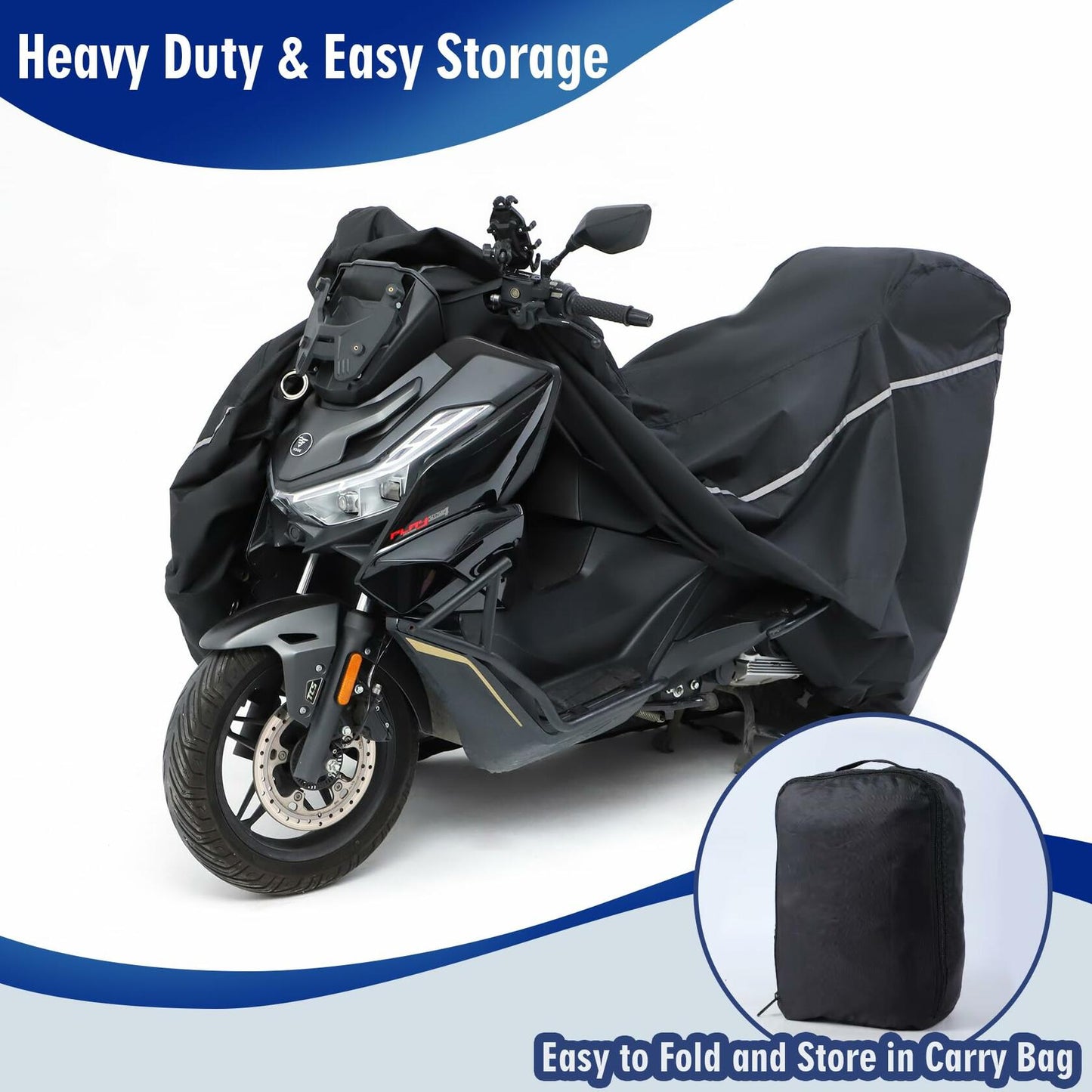 SUPCVR Motorcycle Cover Heavy Duty Waterproof UV-Proof Reflective Strips Black