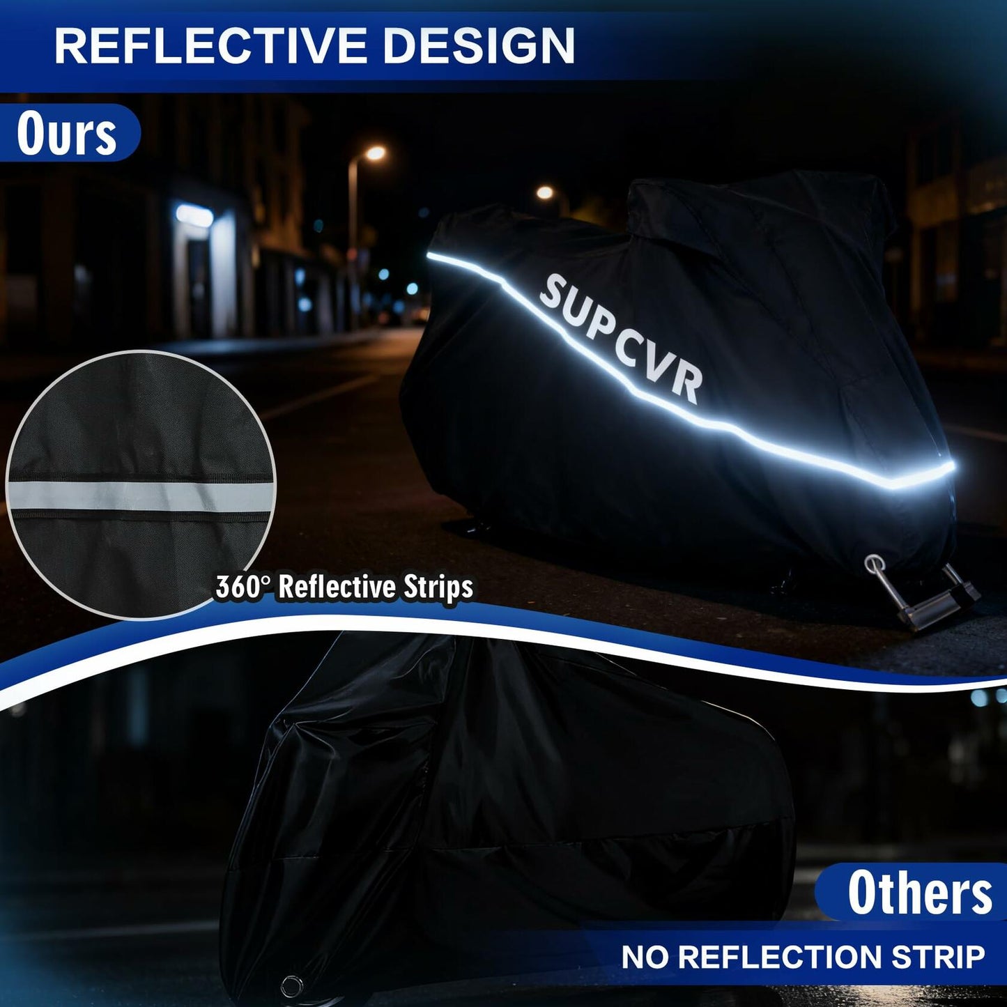 SUPCVR Motorcycle Cover Heavy Duty Waterproof UV-Proof Reflective Strips Black
