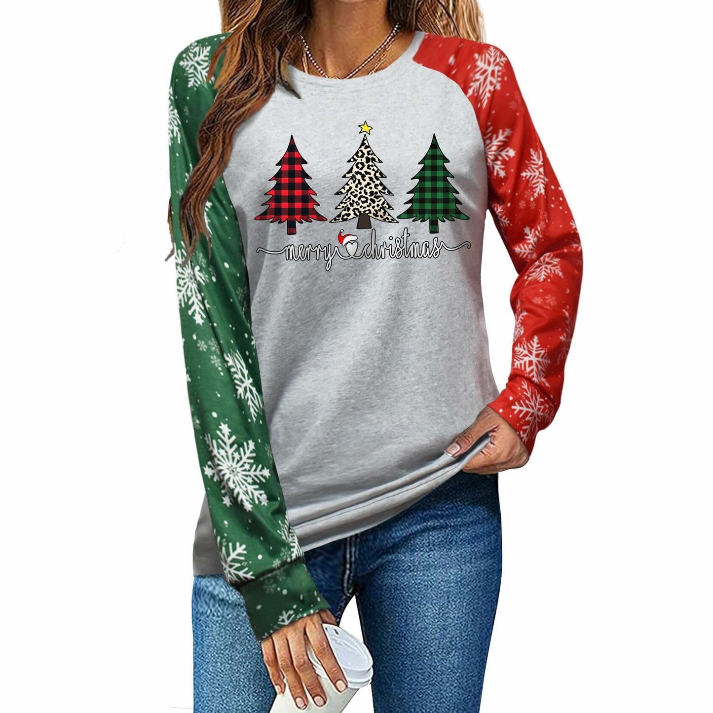 ADIAOA Women's Christmas Color-Block Botany Cartoon Shirt Greentree Size L