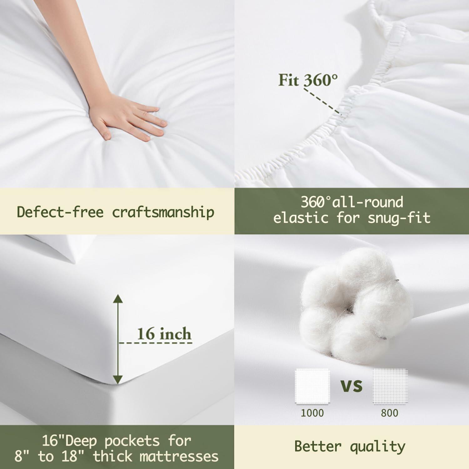 SAKIAO Egyptian Cotton 1000TC King Sheets 17" Deep Pocket 4-Pc Pearl White King