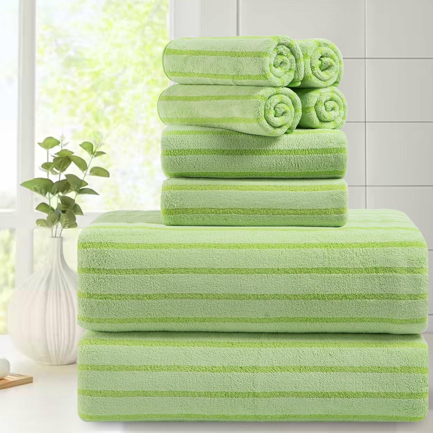 Mistyrose Microfiber Bath Towels 8 Pack Set Large Fruit Green Striped