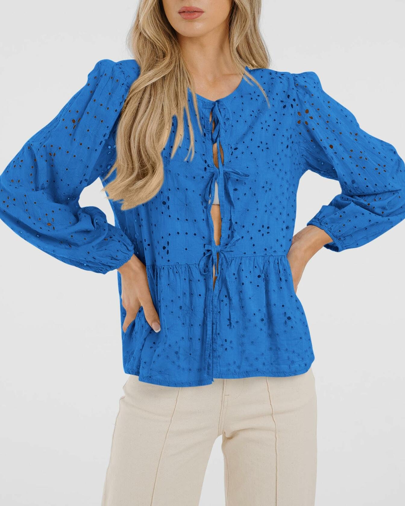 KIRUNDO Babydoll Long Sleeve Tie Front Eyelet Cotton Top Blue Size XL