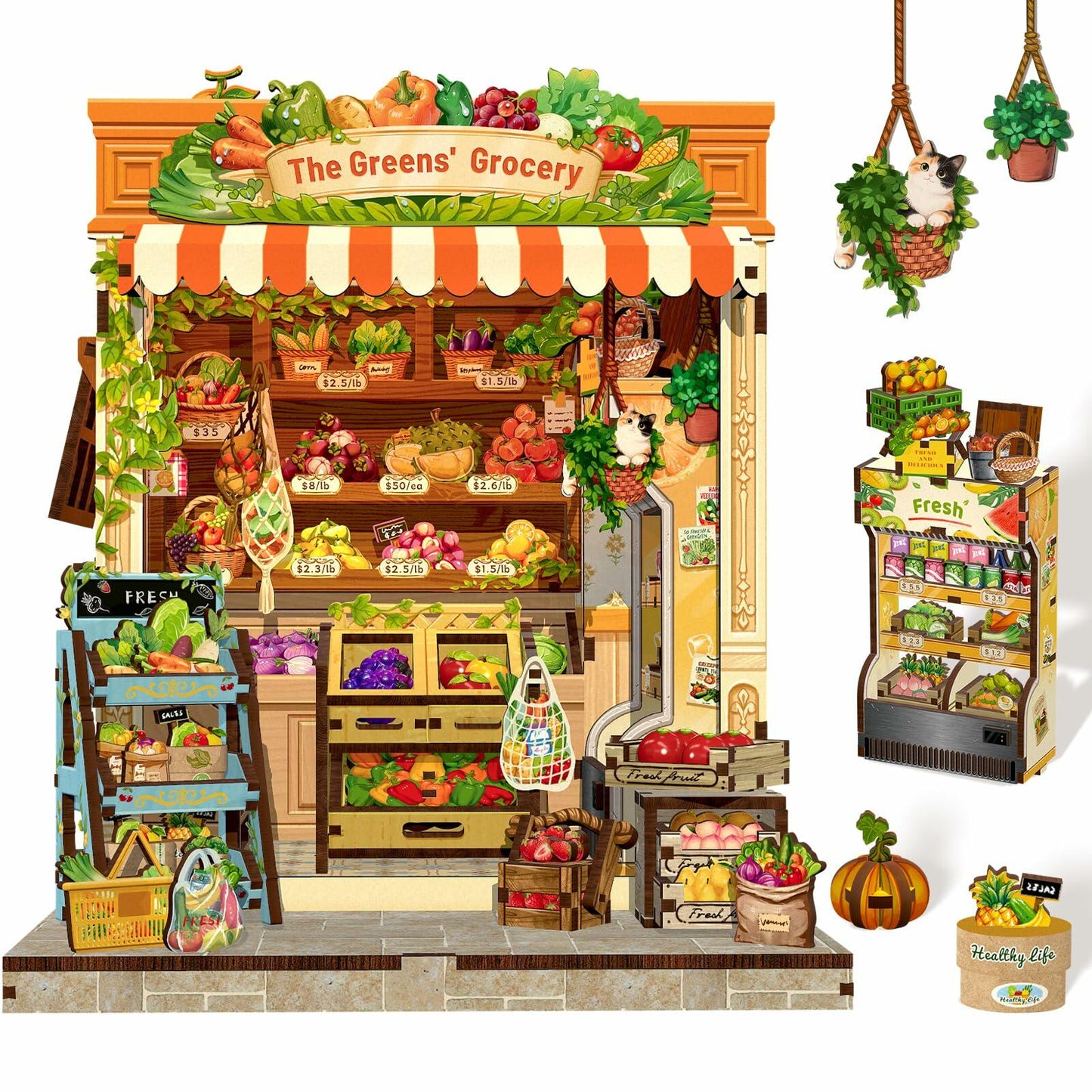 Cutefun Book Nook Kit DIY Mini Fruit & Vegetable Store LED Greens’ Grocery