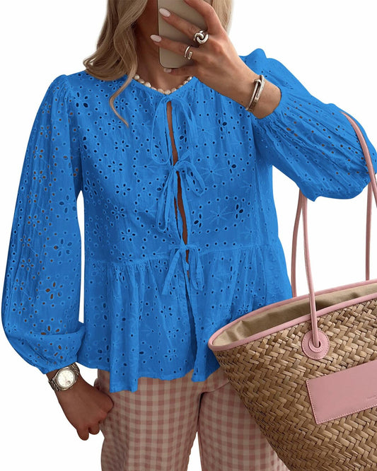 KIRUNDO Babydoll Long Sleeve Tie Front Eyelet Top Blue Size L