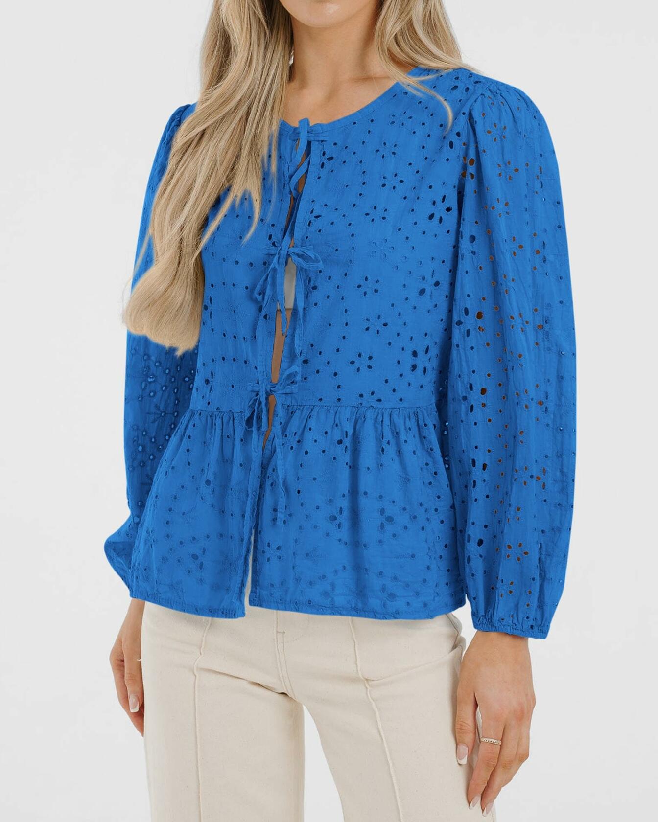 KIRUNDO Babydoll Long Sleeve Tie Front Eyelet Cotton Top Blue Size XL