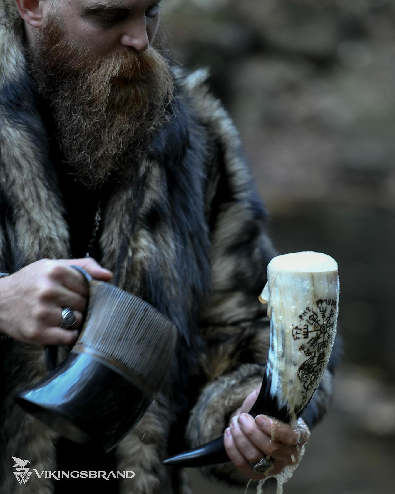 VikingsBrand Handmade Viking Drinking Horn with Stand Vegvisir Yggdrasil 19in