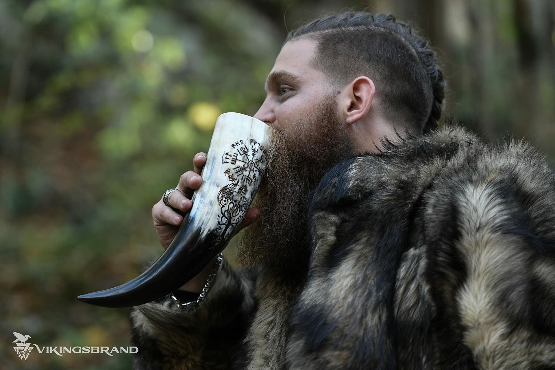 VikingsBrand Handmade Viking Drinking Horn with Stand Vegvisir Yggdrasil 19in