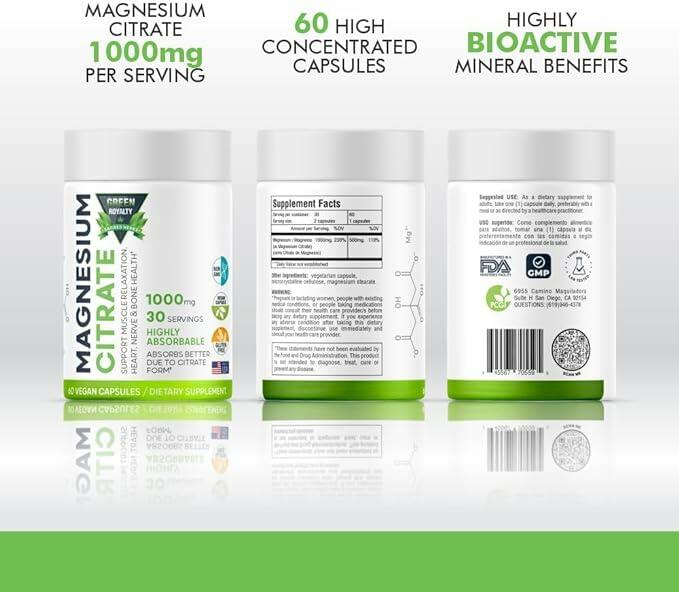 GREEN ROYALTY Magnesium Citrate 1000mg 60 Vegan Capsules Gluten Free USA