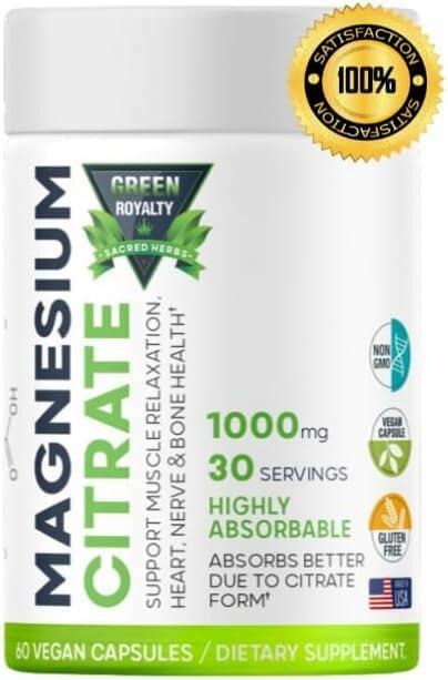 GREEN ROYALTY Magnesium Citrate 1000mg 60 Vegan Capsules Gluten Free USA