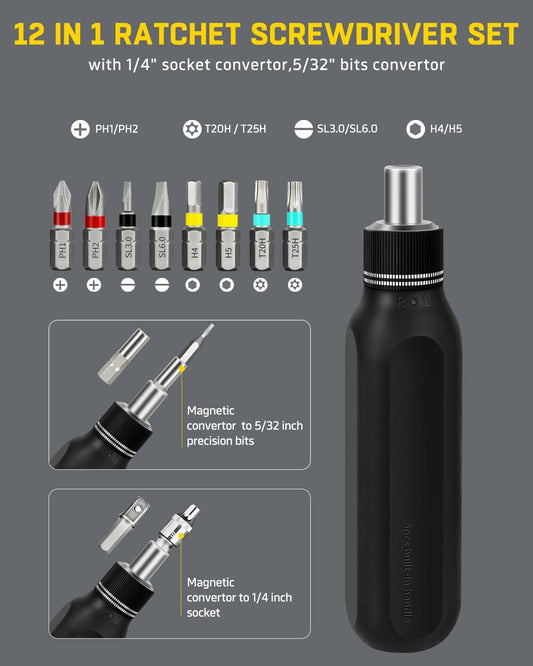 Banshu 12-in-1 Ratchet Screwdriver Set Magnetic Bits Case Colorful Alloy Steel