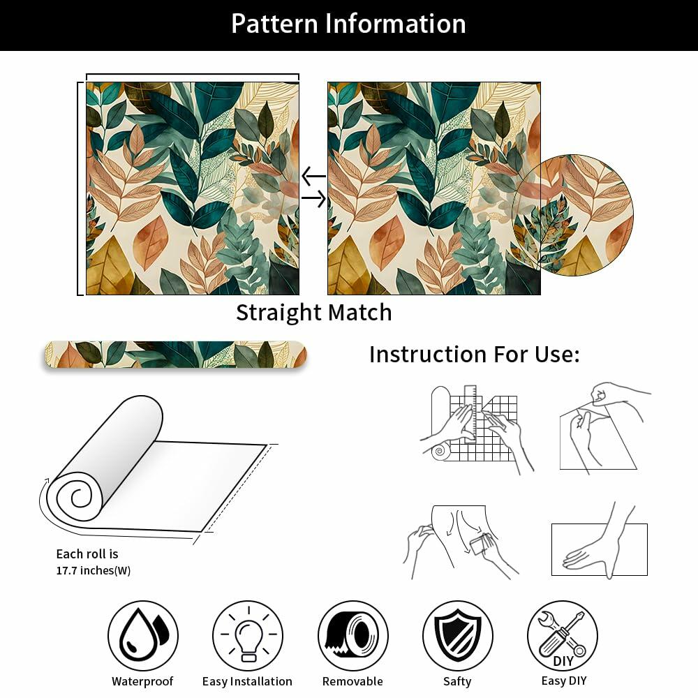 MuralPeel Boho Leaf Botanical Peel Stick Wallpaper Brown Green Yellow