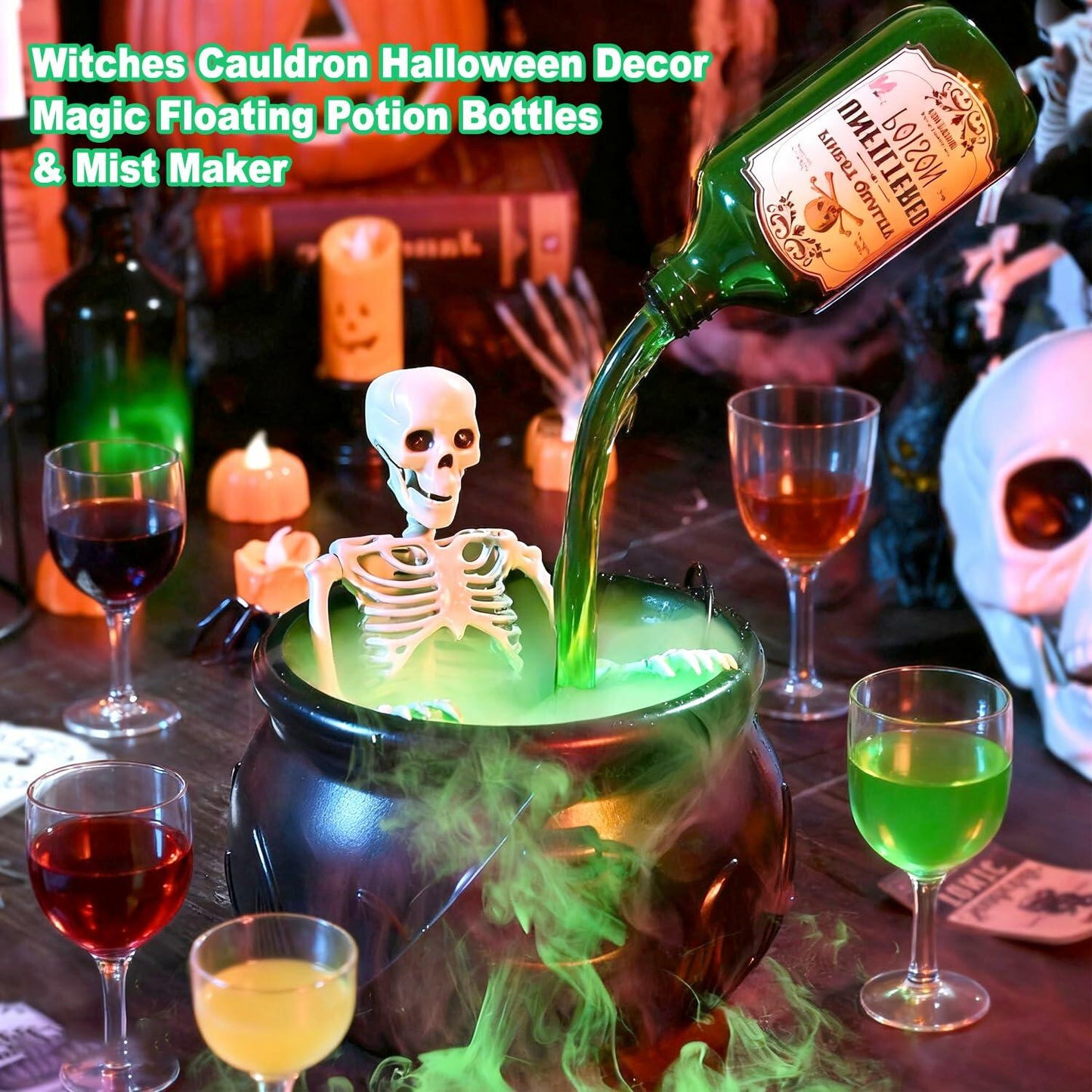 Miniling Large Black Cauldron Decor with Skeleton & Fog Diffuser 10x6.2in