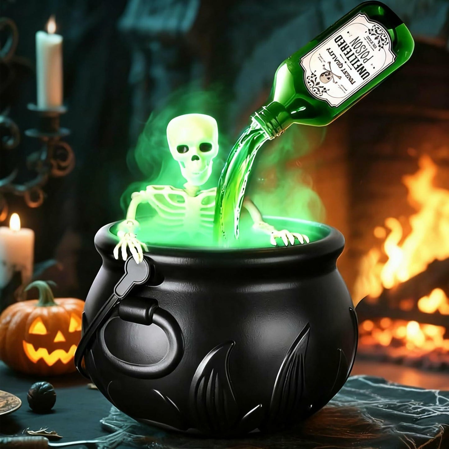 Miniling Large Black Cauldron Decor with Skeleton & Fog Diffuser 10x6.2in