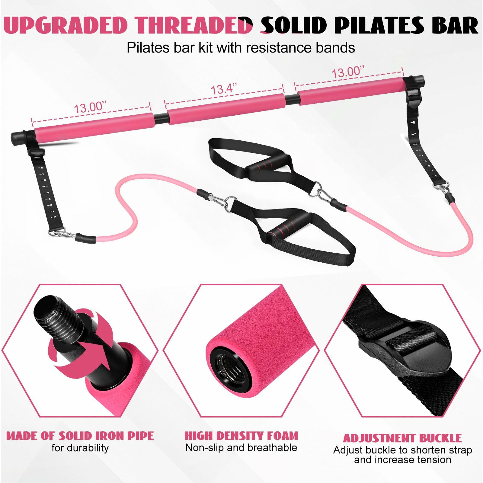 Olodeer Pilates Bar Kit with Resistance Bands & Ab Roller Pink Full Body