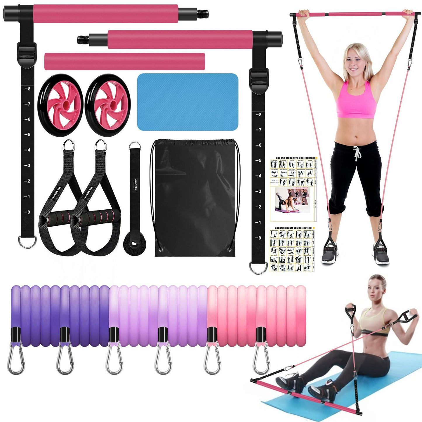 Olodeer Pilates Bar Kit with Resistance Bands & Ab Roller Pink Full Body