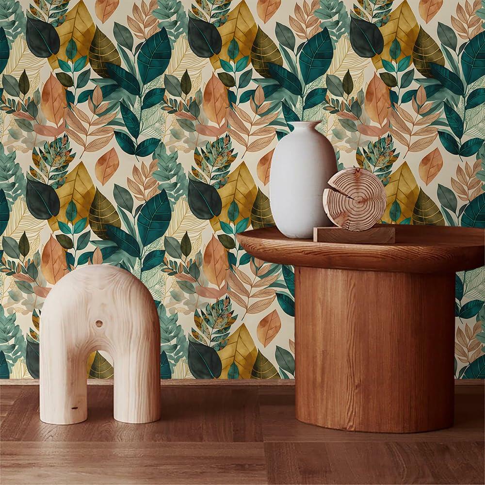MuralPeel Boho Leaf Botanical Peel Stick Wallpaper Brown Green Yellow