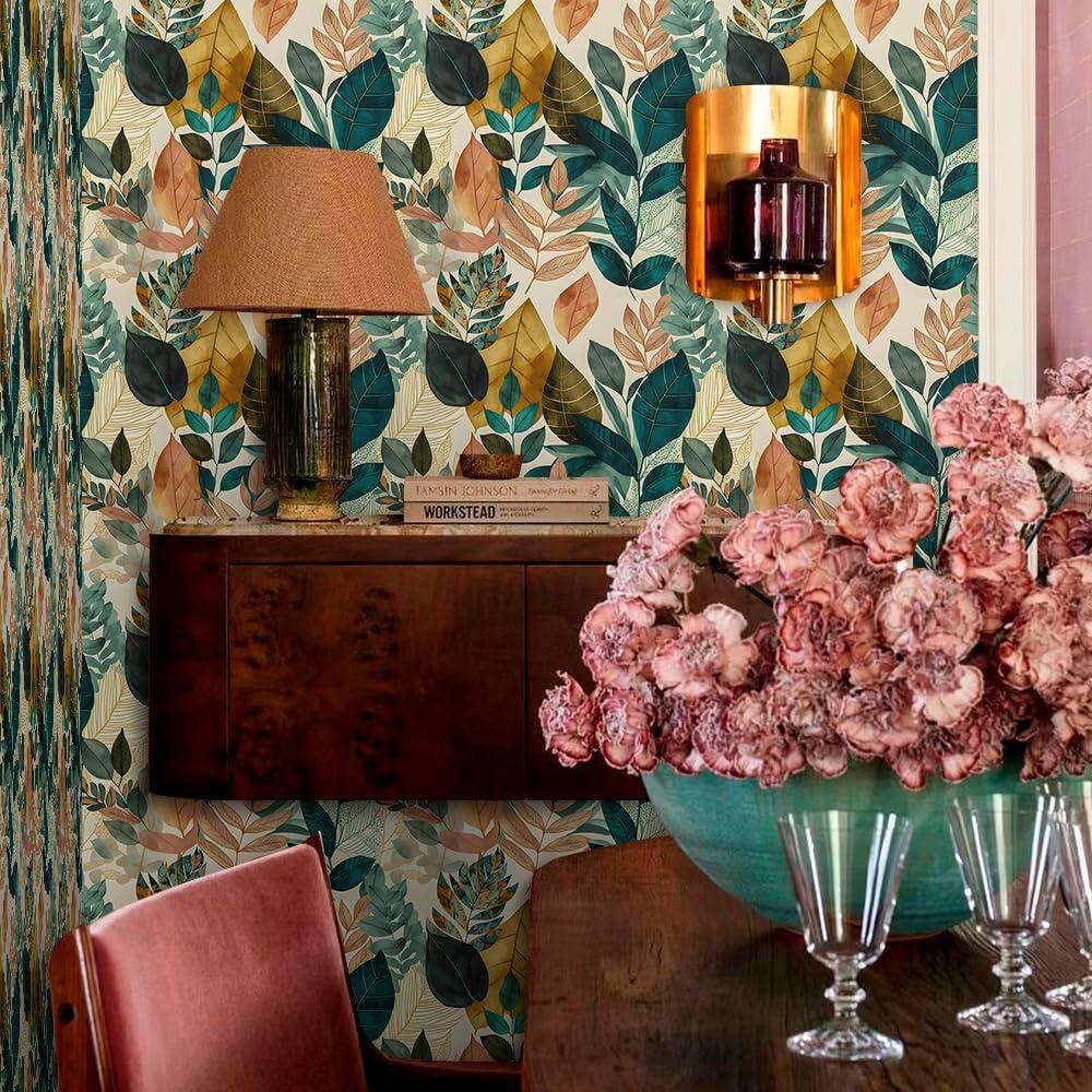 MuralPeel Boho Leaf Botanical Peel Stick Wallpaper Brown Green Yellow