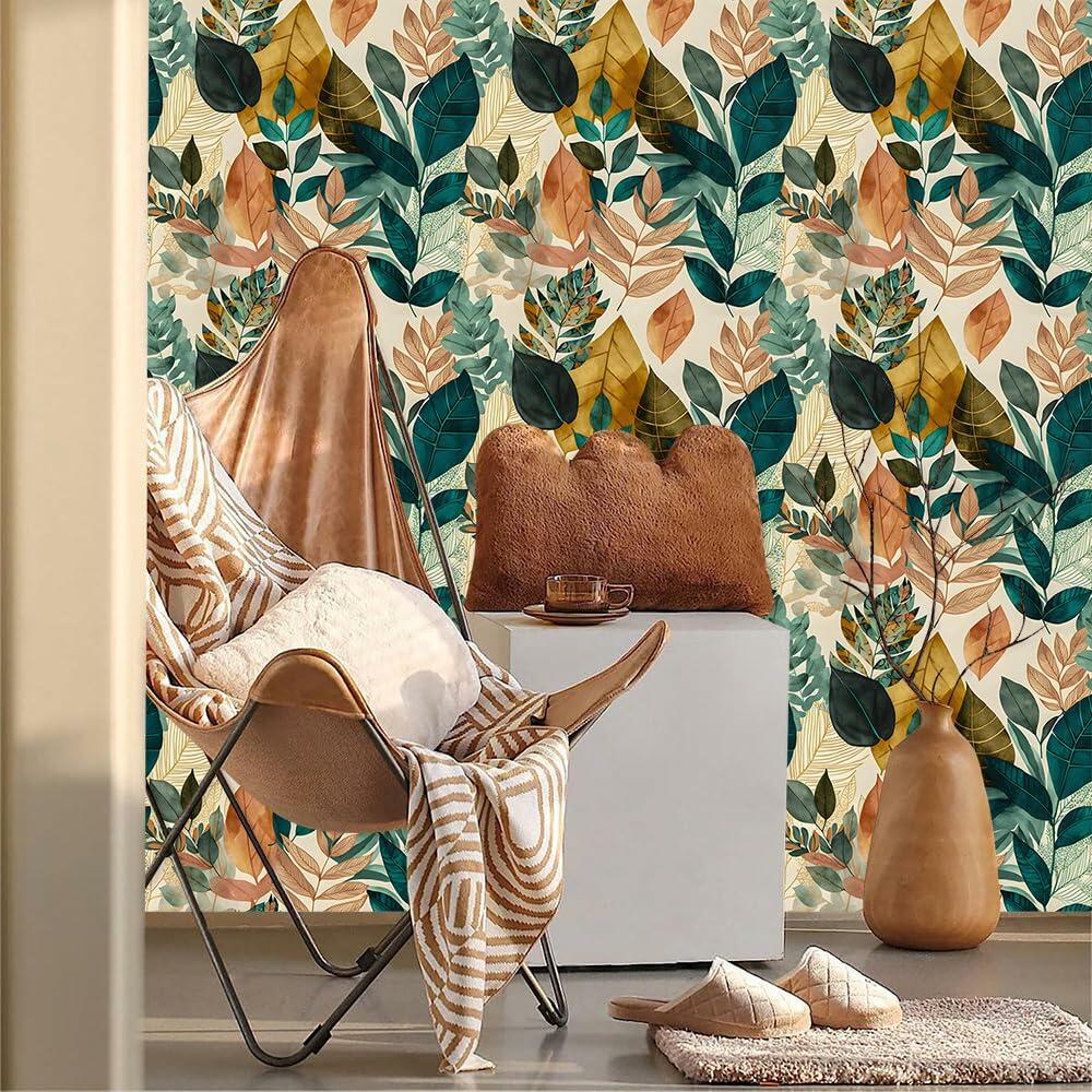 MuralPeel Boho Leaf Botanical Peel Stick Wallpaper Brown Green Yellow