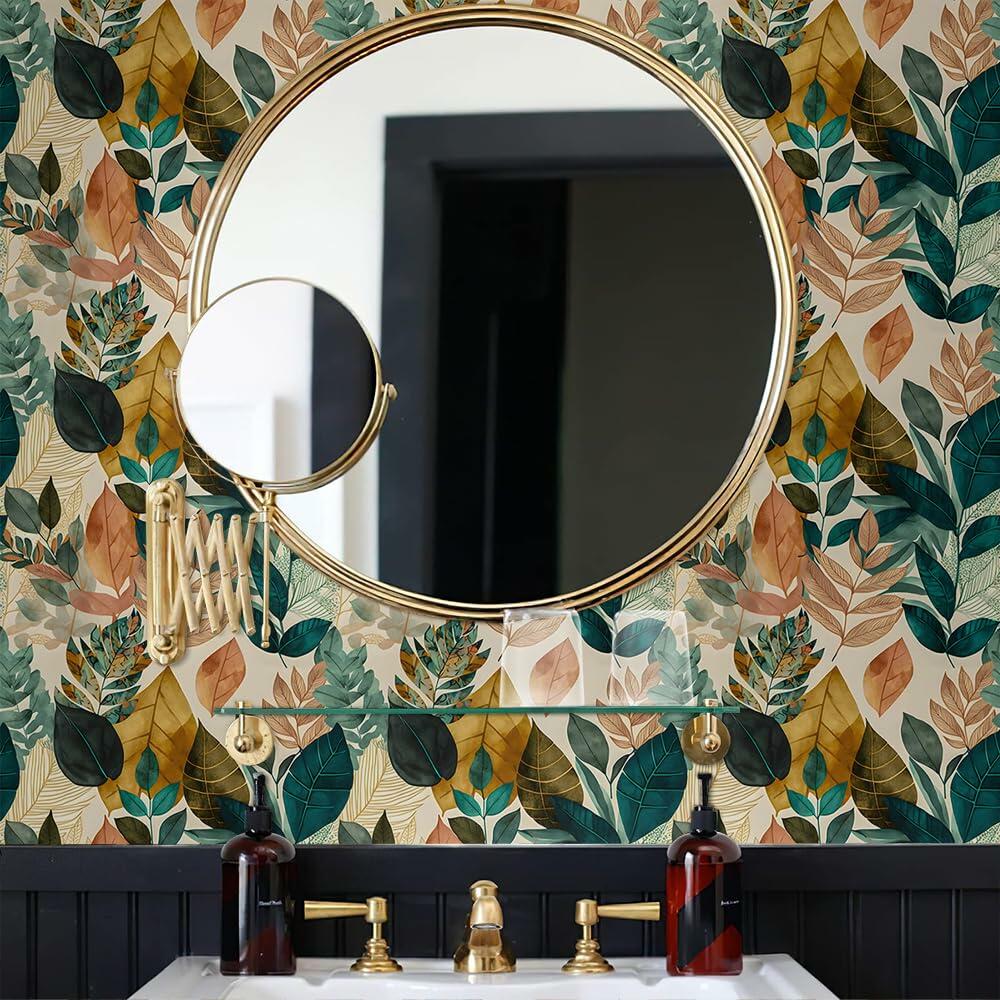 MuralPeel Boho Leaf Botanical Peel Stick Wallpaper Brown Green Yellow