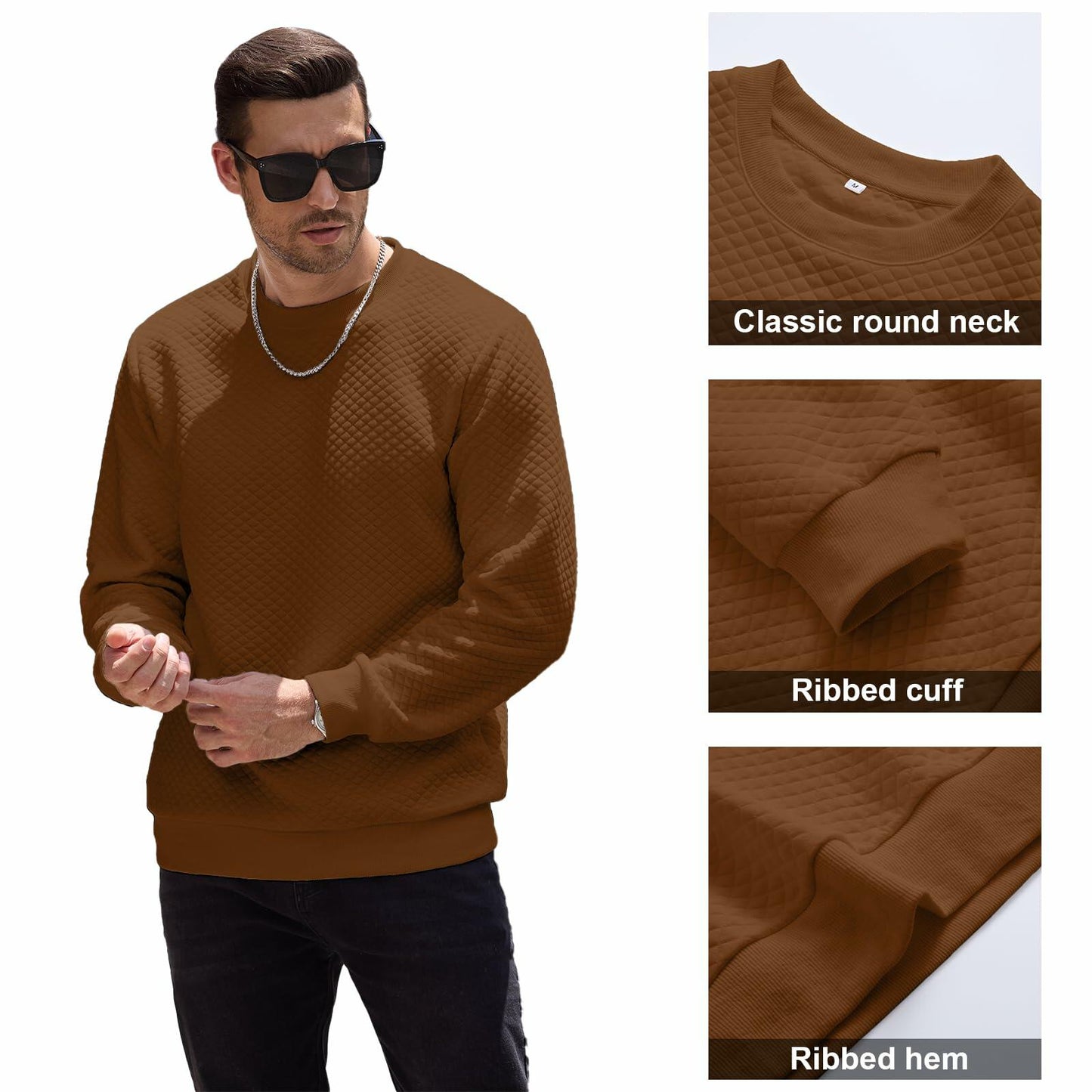 HOTake Mens Waffle Texture Pullover Sweatshirt Brown Size Small