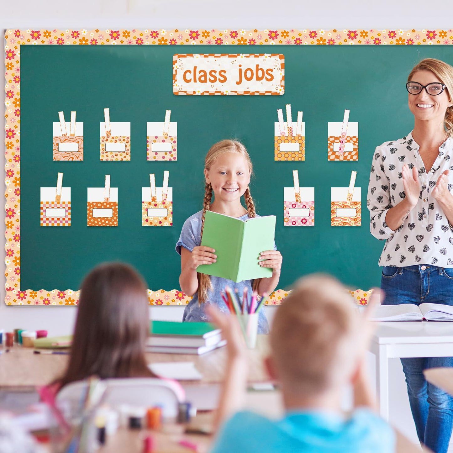 WATINC 97pcs Classroom Jobs Bulletin Board Set Groovy Orange Style