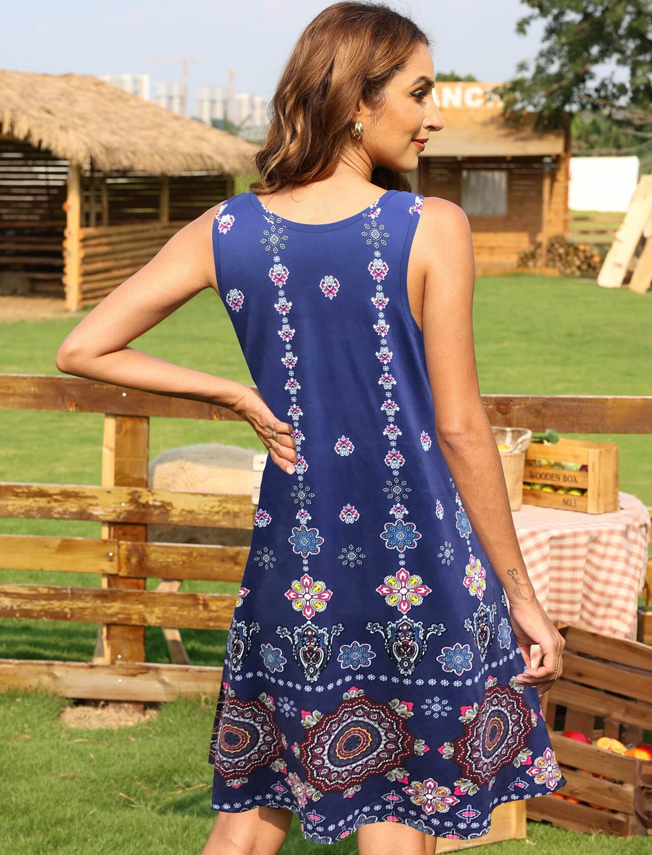 AUSELILY Women's Sleeveless Floral Mini Dress with Pockets Red Flowers Size L