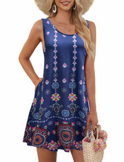 AUSELILY Women's Sleeveless Floral Mini Dress with Pockets Red Flowers Size L