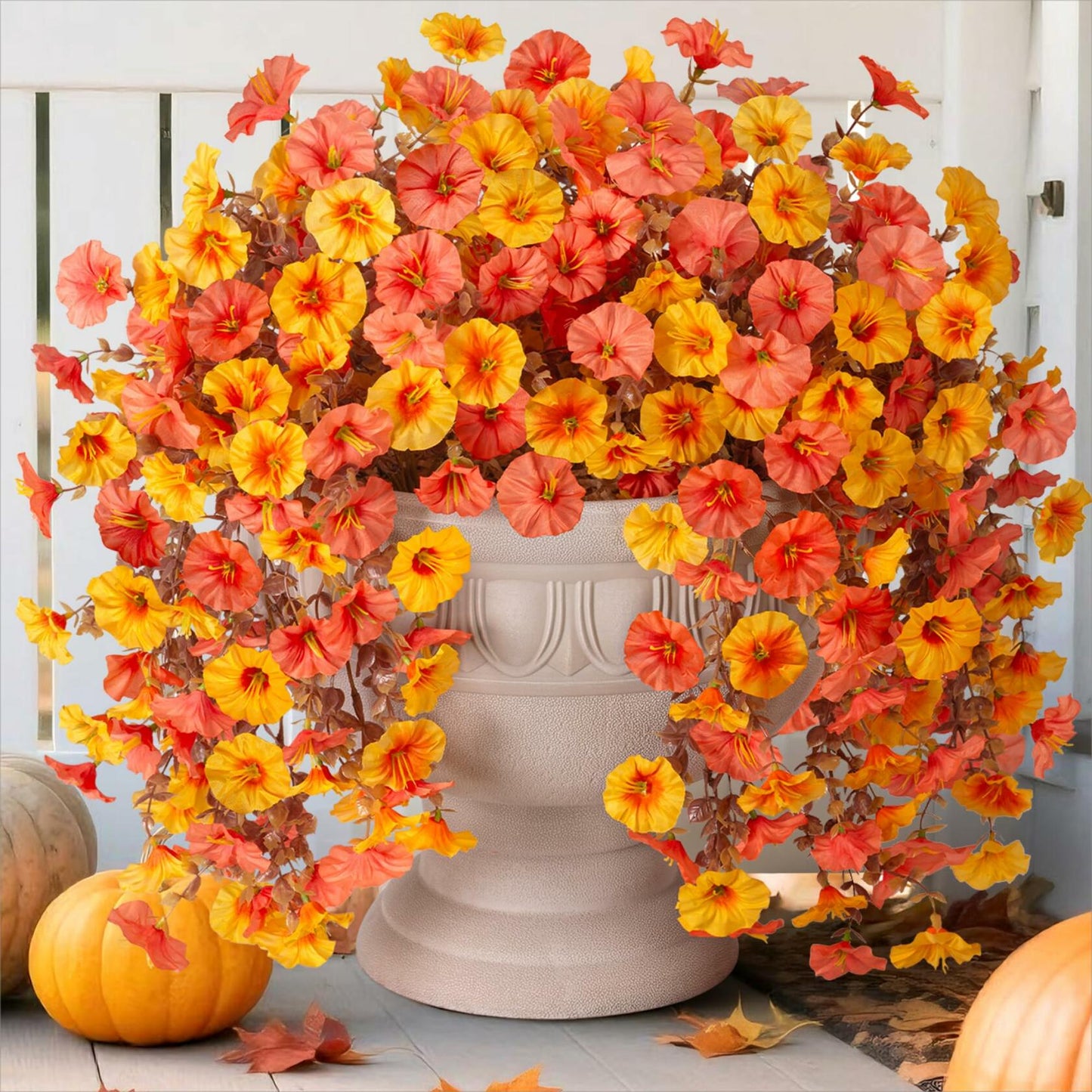 HyeFlora 2 PCS Faux Fall Hanging Flowers Plants UV Resistant Orange+Yellow