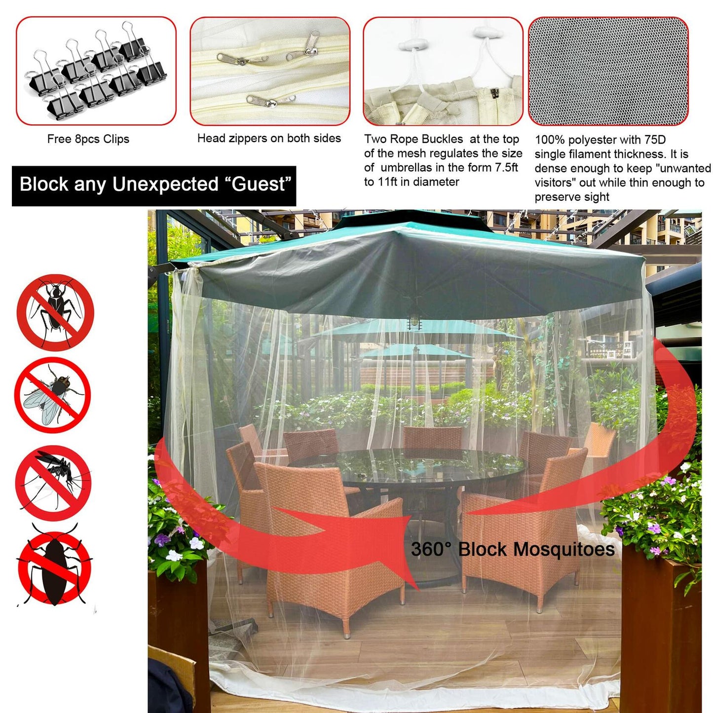 DINHAND 7.5-11ft Beige Patio Umbrella Mosquito Netting Double Zipper Door