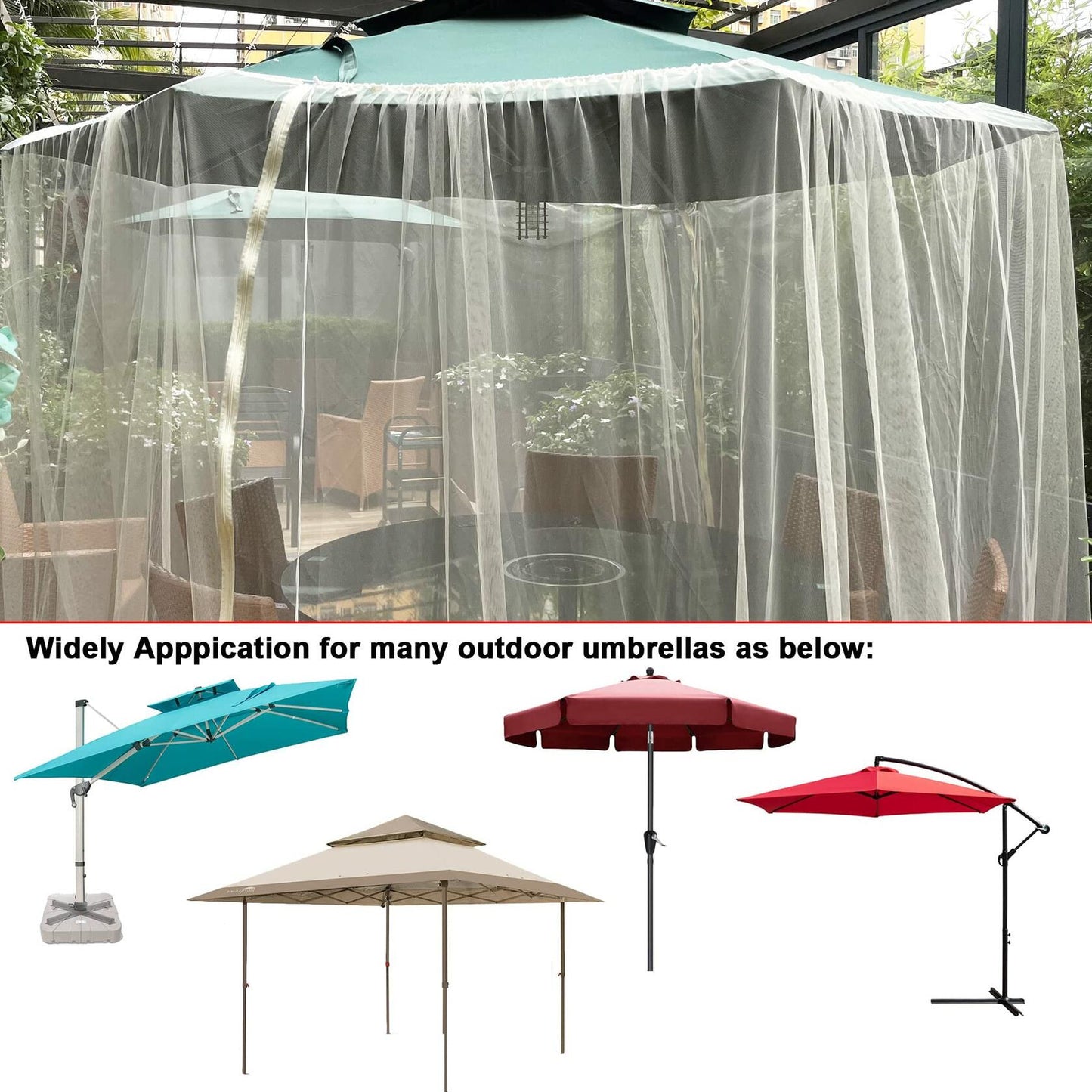DINHAND 7.5-11ft Beige Patio Umbrella Mosquito Netting Double Zipper Door