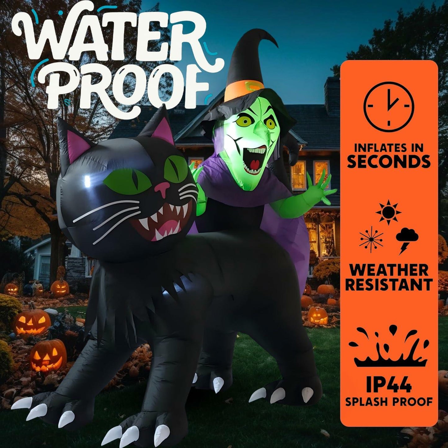 KIMI HOUSE 8FT Halloween Inflatable Black Cat Witch LED Lights Black Orange