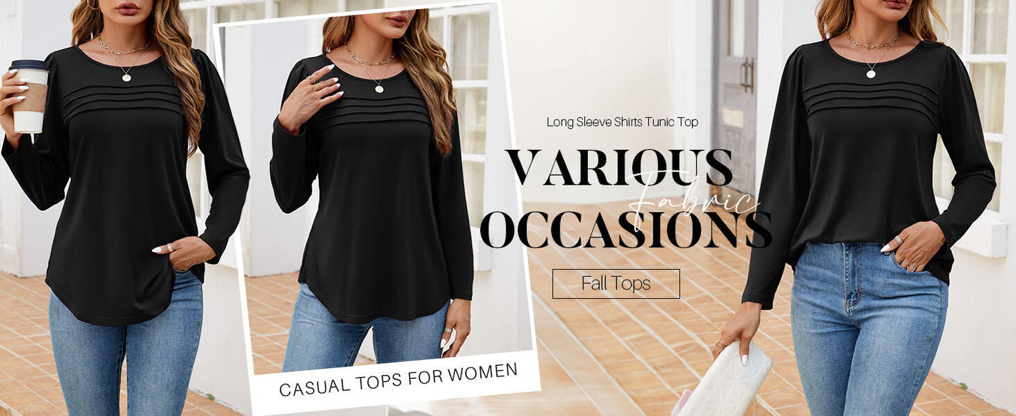 ZESICA Women's Fashion Long Sleeve Pleated Tunic Blouse Black Size L