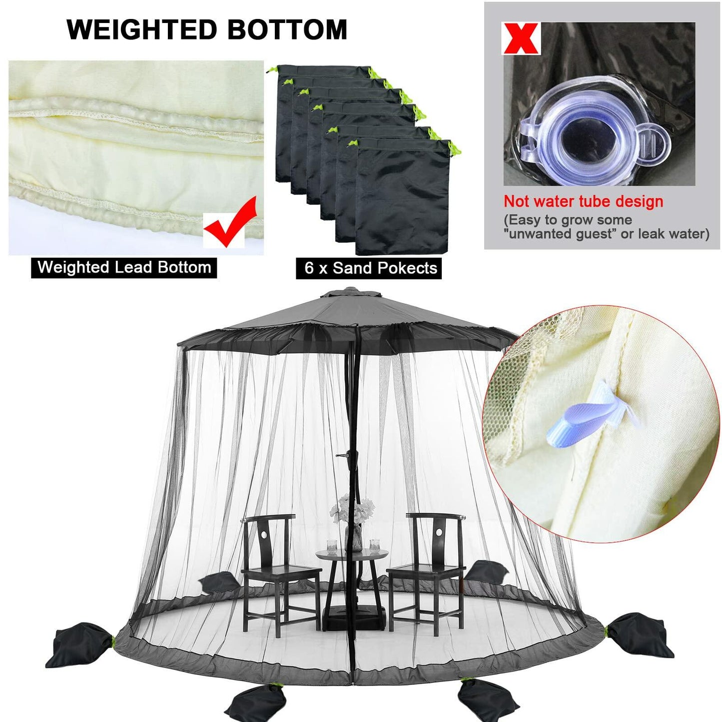 DINHAND 7.5-11ft Beige Patio Umbrella Mosquito Netting Double Zipper Door