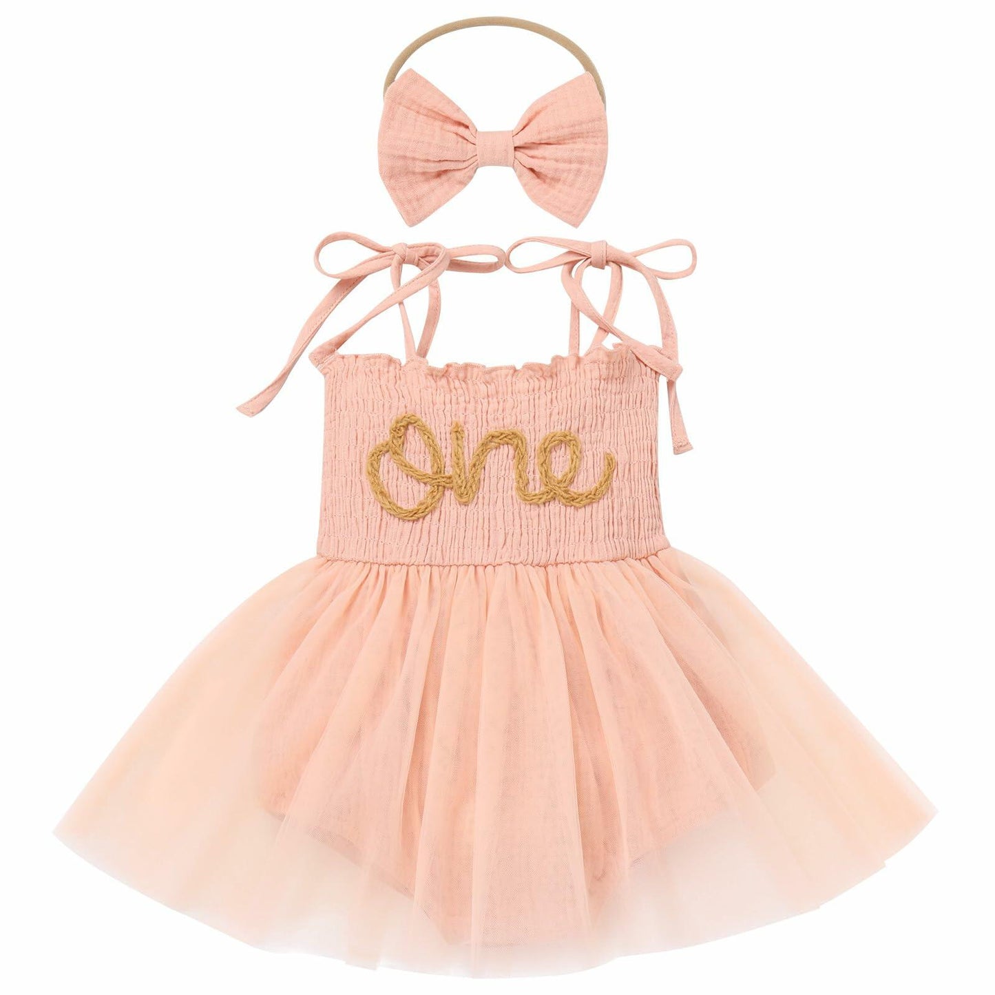 ODASDO First Birthday Outfit Baby Girl Peach Romper Dress Headband 12-18M