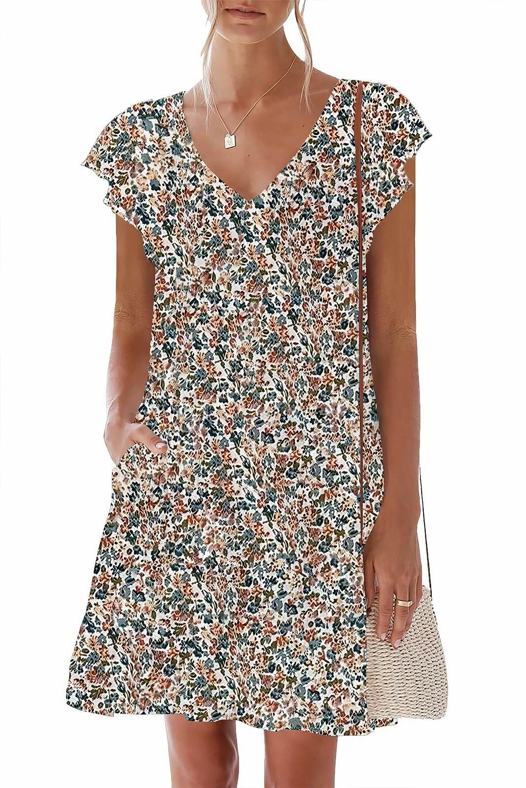 nclook Womens Summer Casual V Neck Mini Dress Ruffle Pockets Multicolour XL