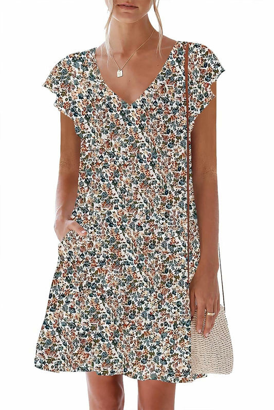 nclook Womens Summer Casual V Neck Mini Dress Ruffle Pockets Multicolour XL