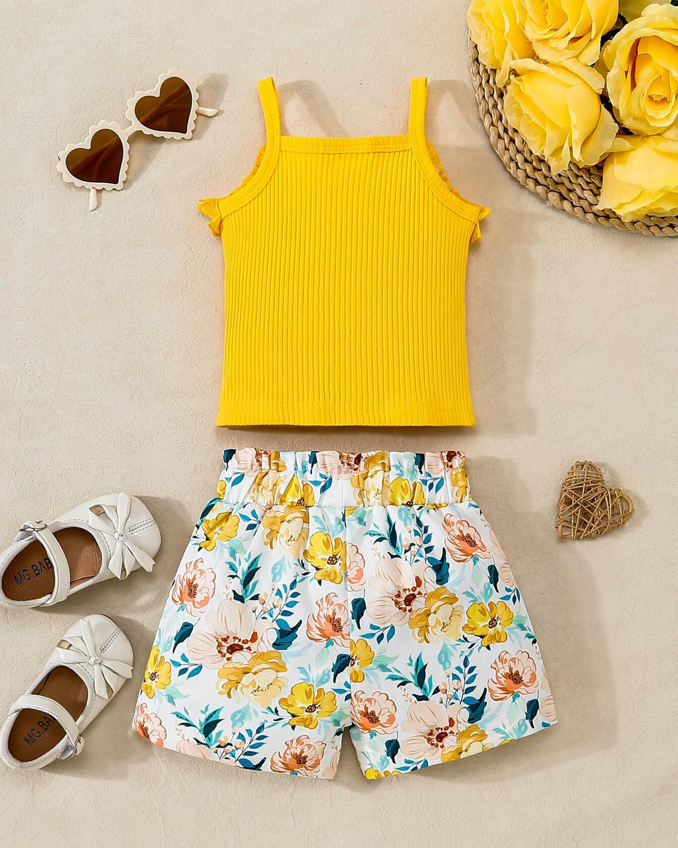 Kucnuzki Yellow Floral Sleeveless Tank Top Bow Tie Summer Shirt Size 3-4T