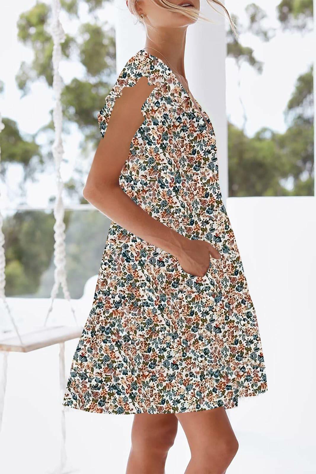 nclook Womens Summer Casual V Neck Mini Dress Ruffle Pockets Multicolour XL