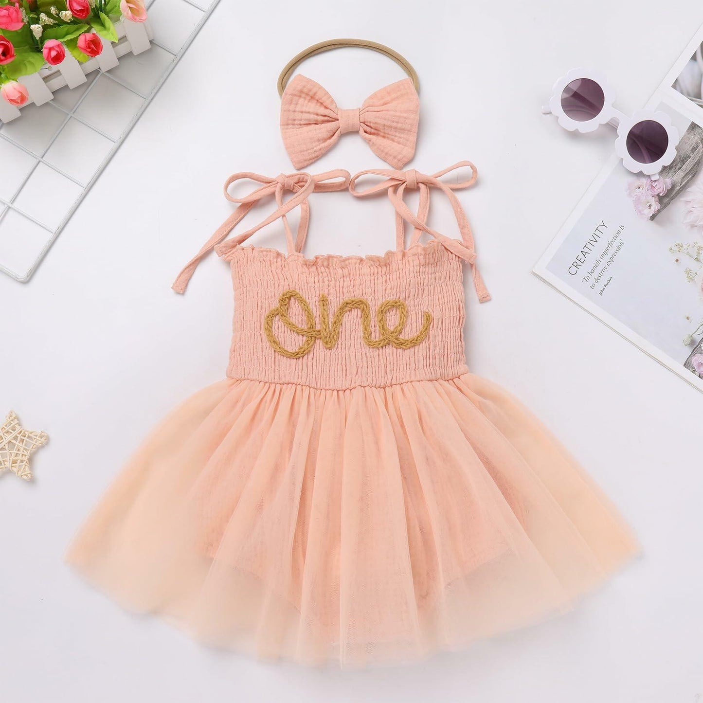 ODASDO First Birthday Outfit Baby Girl Peach Romper Dress Headband 12-18M