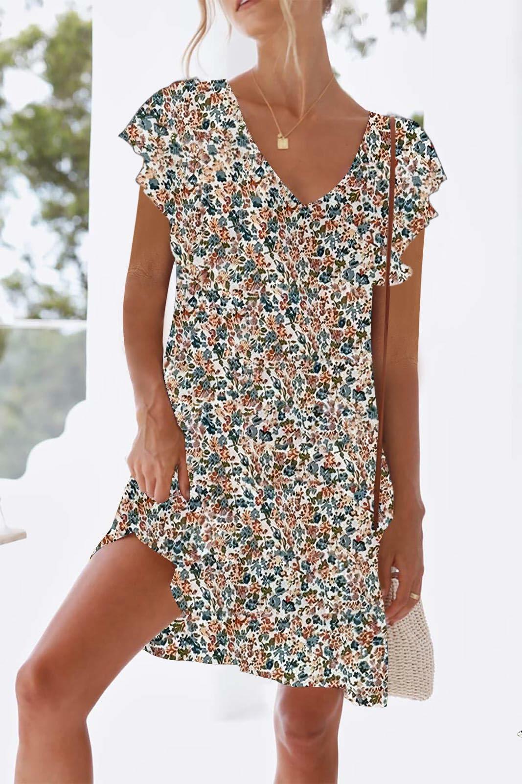 nclook Womens Summer Casual V Neck Mini Dress Ruffle Pockets Multicolour XL